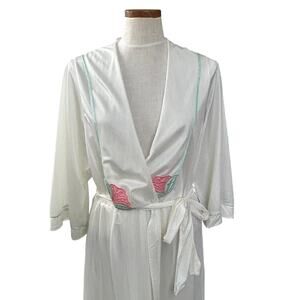 Vintage Val Mode Floral Applique Robe White Sheer Long M/L Romantic Lingerie